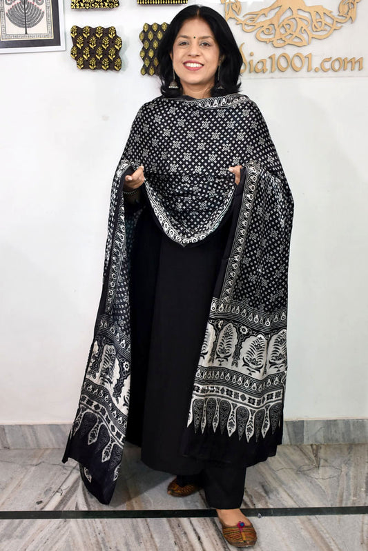 Designer Modal Silk Ajrakh Block Print Dupatta with tassels