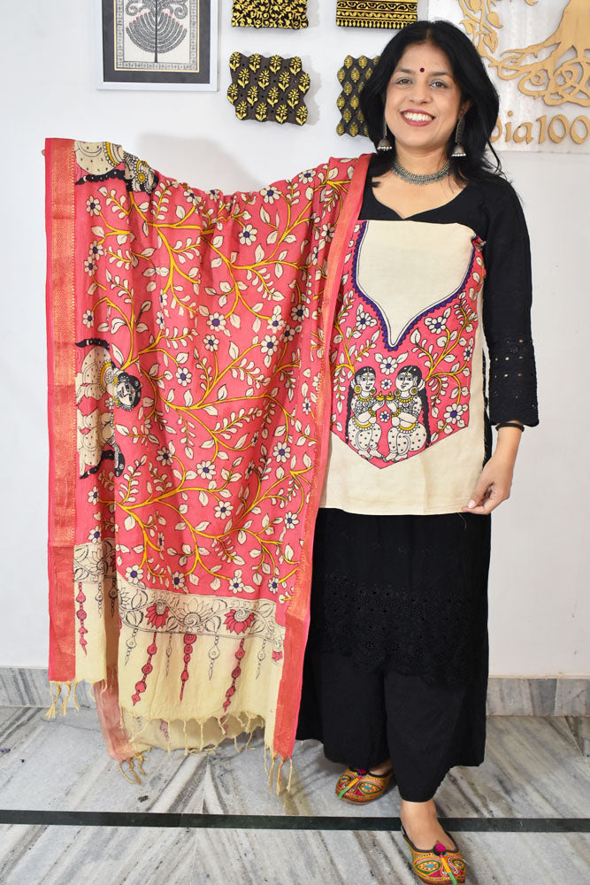 Beautiful Hand Painted Pen Kalamkari Dupatta & patch in Bangalore silk in Cotton