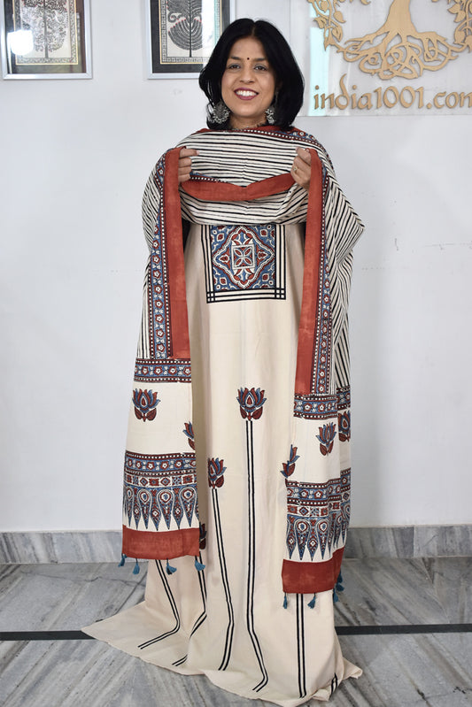 Block Print Ajrakh Cotton Suit with designer Ajrakh neck yoke /panel & Long Stole