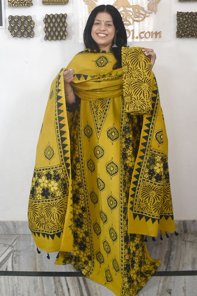 Designer Ajrakh Cotton kurta with  panel design & Cotton dupatta - 3 piece set