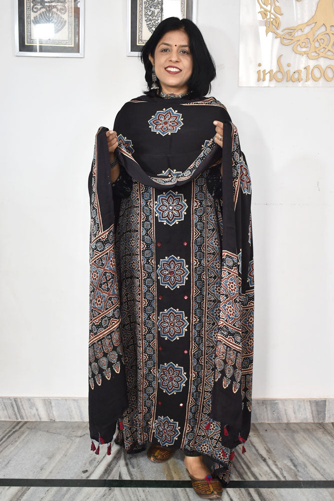 Designer Ajrakh Modal Silk kurta with  panel design & Mirror work & modal silk dupatta - 2 piece set