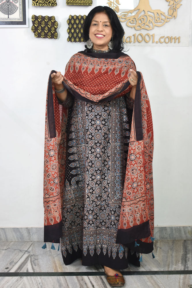 Block Print Ajrakh Cotton Suit with designer Ajrakh neck yoke /panel & Dupatta