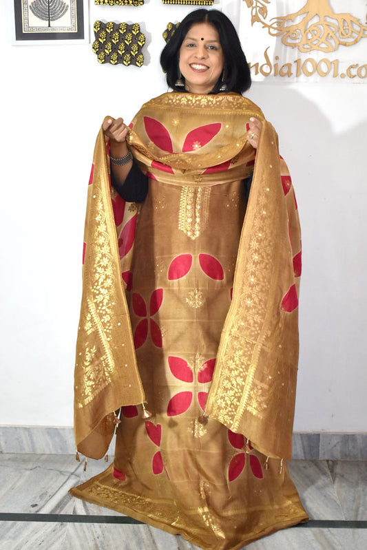 Designer Clamp Dyed Dola silk suit with woven bootis, neck pattern & borders - 3 pc suit