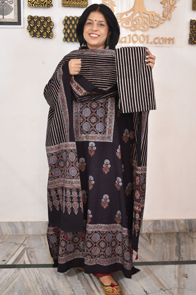 Block Print Ajrakh Cotton Suit with designer Ajrakh neck yoke /panel & Long Stole