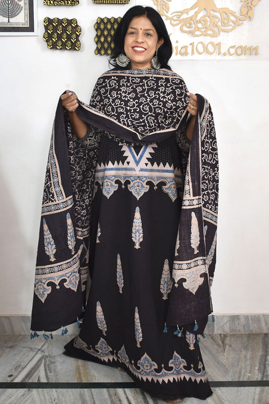 Block Print Ajrakh Cotton Suit with designer Ajrakh neck yoke /panel & Dupatta