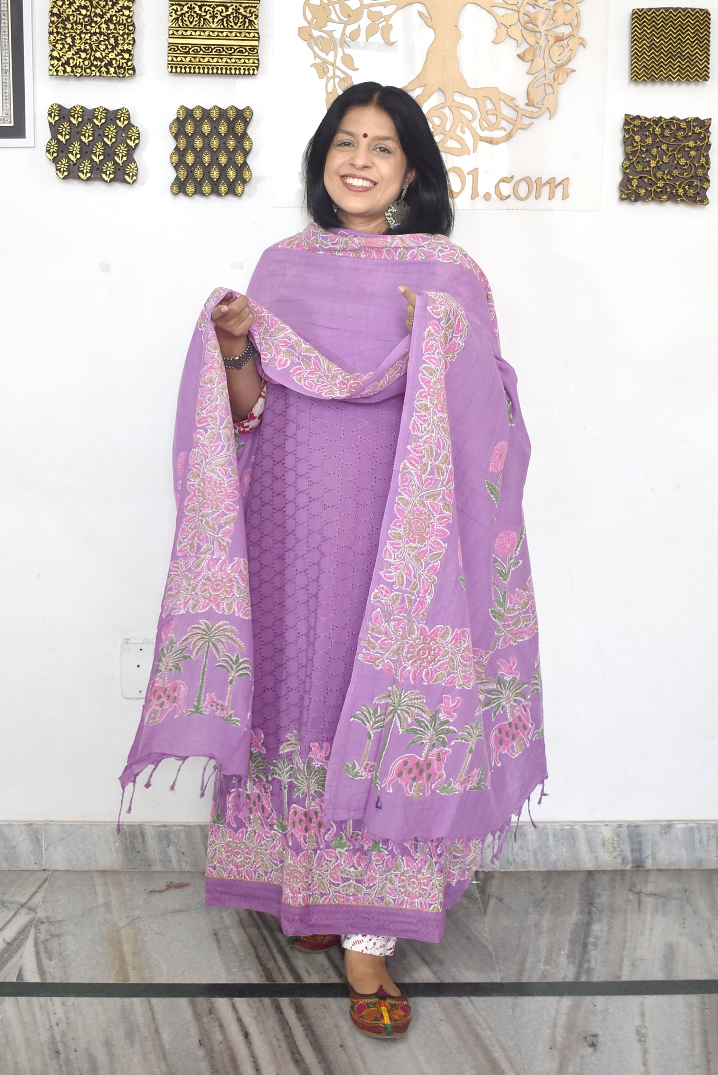 Elegant Hand Block print cotton suit with Schiffli work & Cotton dupatta