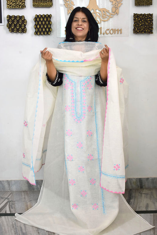 Elegant Kota Unstitched Kurta & Dupatta set with Hand done Phool patti work and Applique border