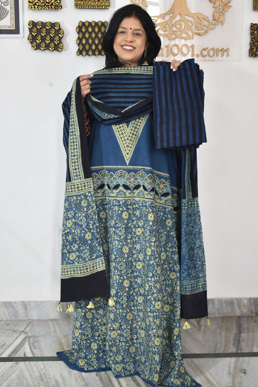 Block Print Ajrakh Cotton Suit with designer Ajrakh neck yoke /panel & Long Stole