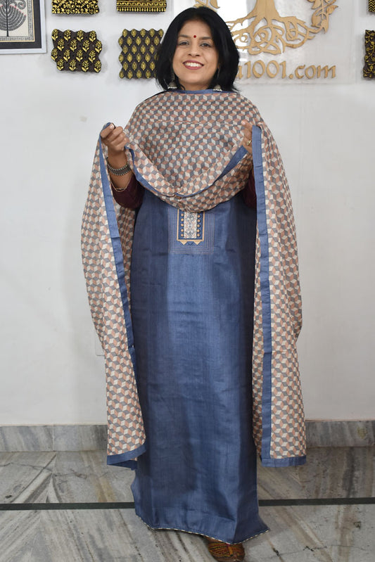 Semi Stitched Block Printed Tussar Silk Dupatta  & Tussar Kurta Fabric