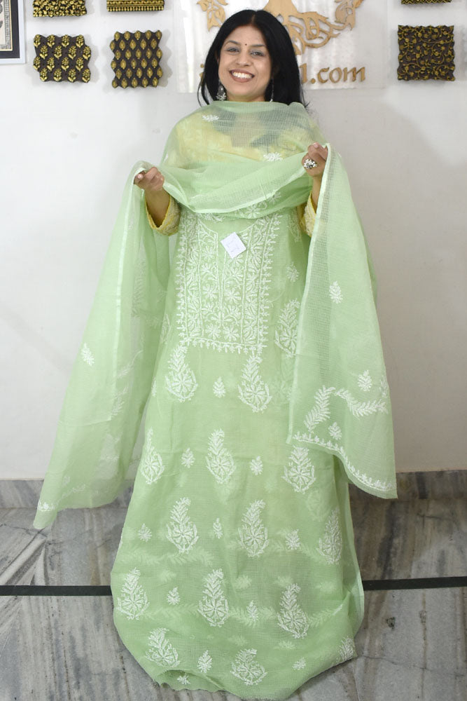 Elegant Kota Doria Kurta & Dupatta Set with Lucknowi Hand Tepchi Work embroidery NO - 17