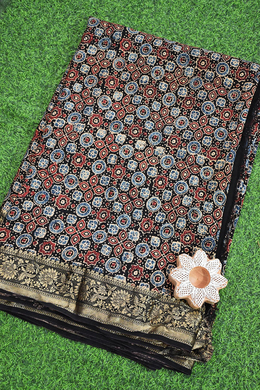 Beautiful Ajrakh Dola Silk Hand Block Print Fabric - 3 mtrs cut