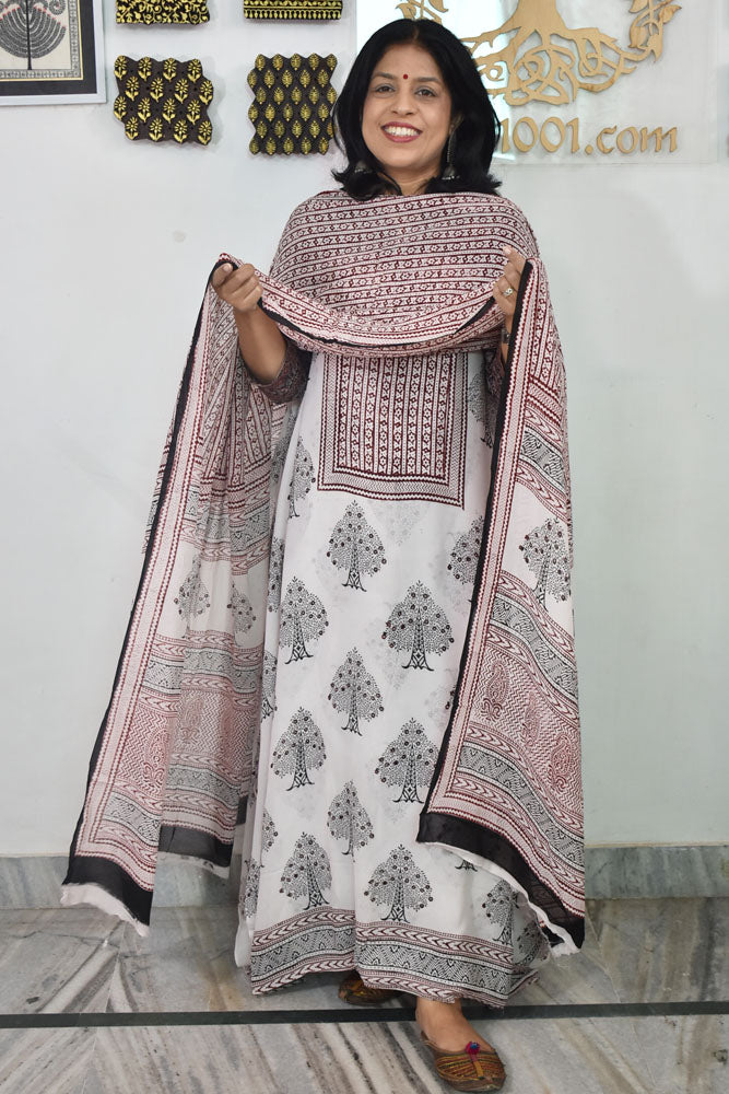 Bagh Hand Block Print Georgette Dupatta & Georgette Kurta Fabric With Cotton Bottom
