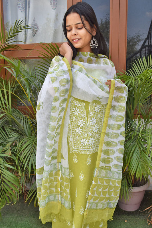 Elegant Lucknowi Hand Embroidery work  & Block print Unstitched Suit - 3 pc set