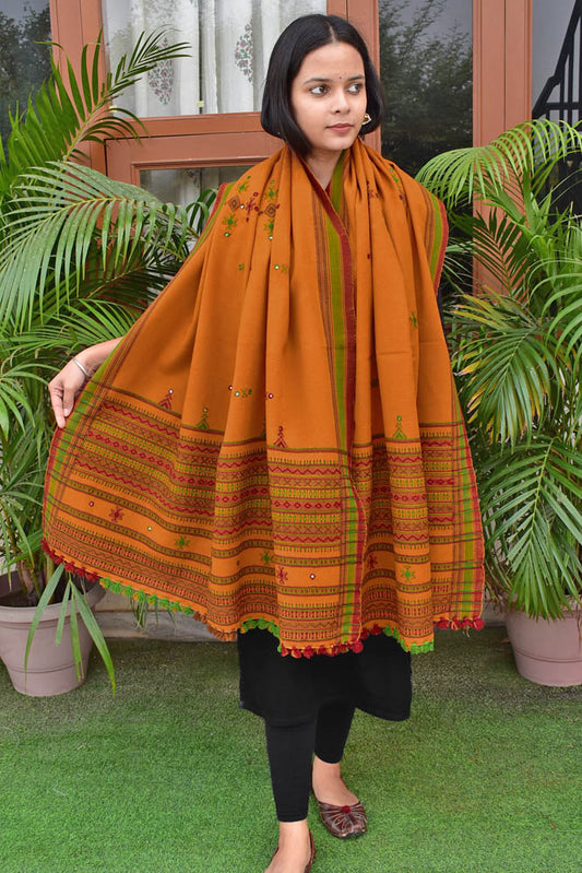 Handwoven Bhujodi Mirror Work Pure Wool Stole / Shawl