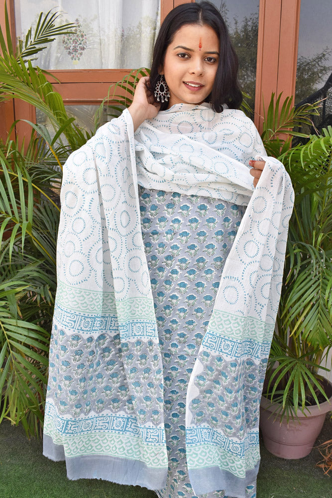 Sanganer Hand Block Printed Cotton unstitched suit fabric with Soft Cotton dupatta