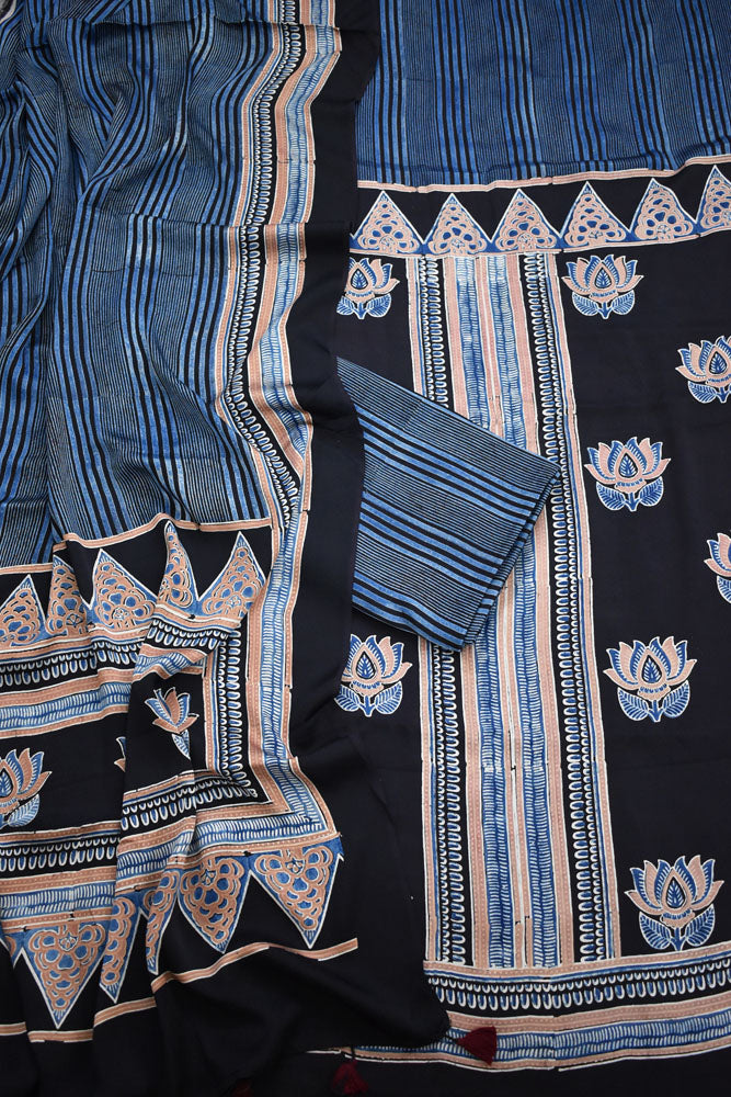 Designer Ajrakh Modal Silk Unstitched suit with  panel design, Ajrakh Dupatta & Bottom- 3 piece set