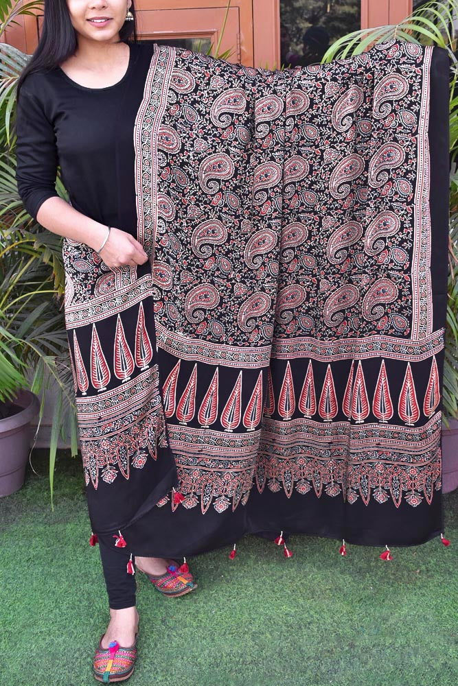 Elegant Modal Silk Ajrakh Block Print Dupatta with tassels