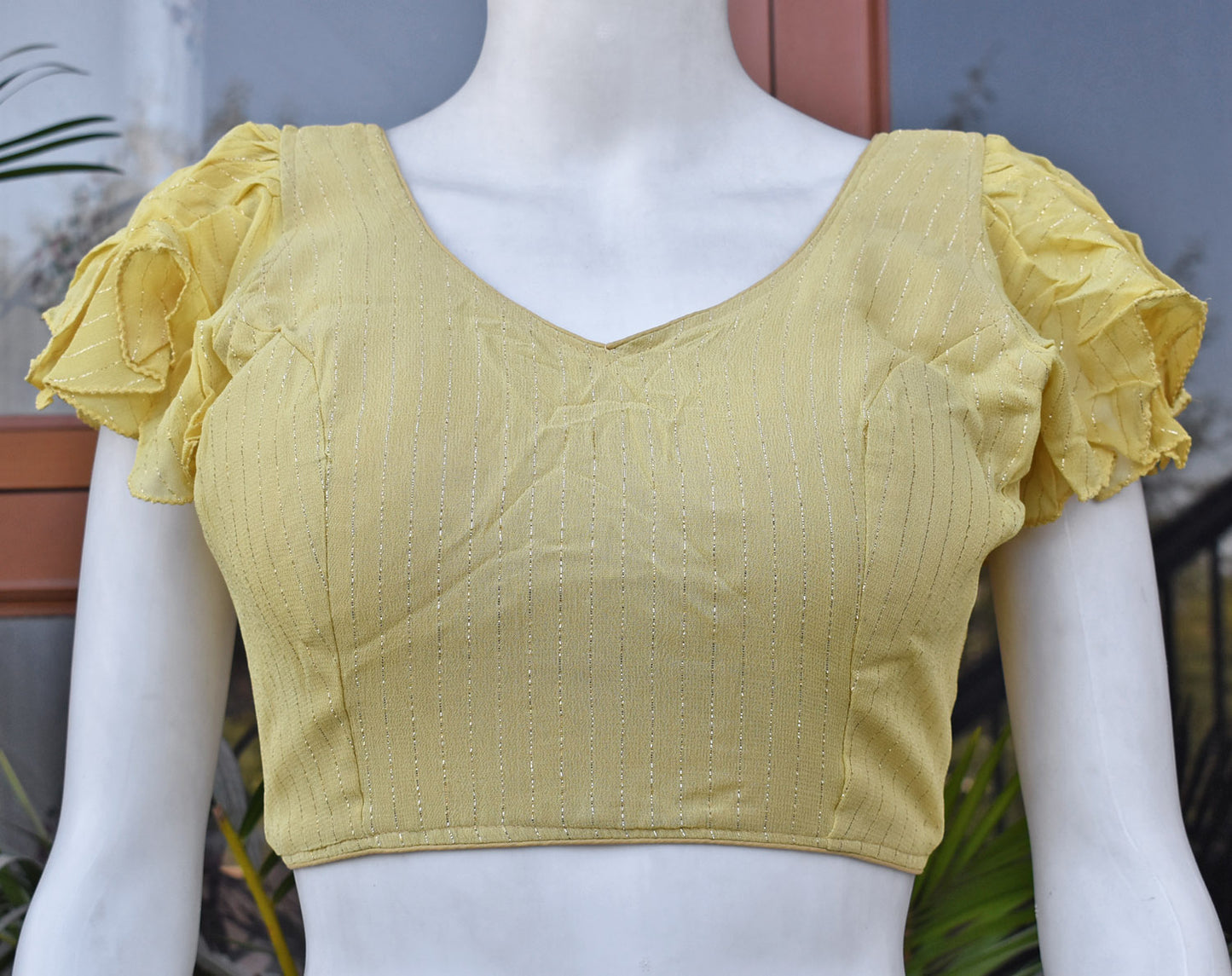 Georgette Blouse fabric with gold lines with frill sleeves - 38 , 40 - Adjustable till size 42