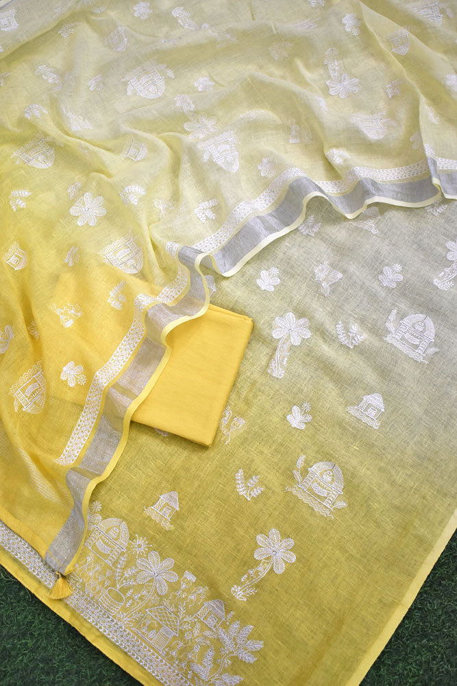 Beautiful Pure Linen suit with intricate embroidery on the kurta & dupatta and cotton silk bottom