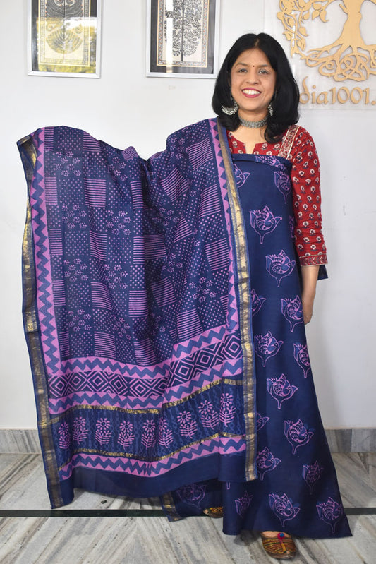 Beautiful Jahota Hand Block Printed Maheshwari Silk Cotton set with Bottom