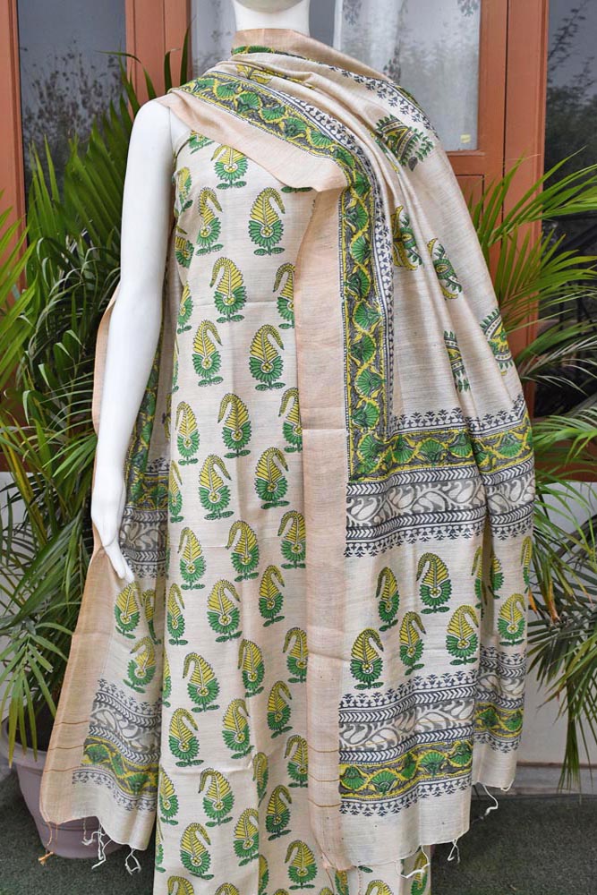 Elegant Hand Block printed Moonga Tussar Silk Kurta Dupatta Set