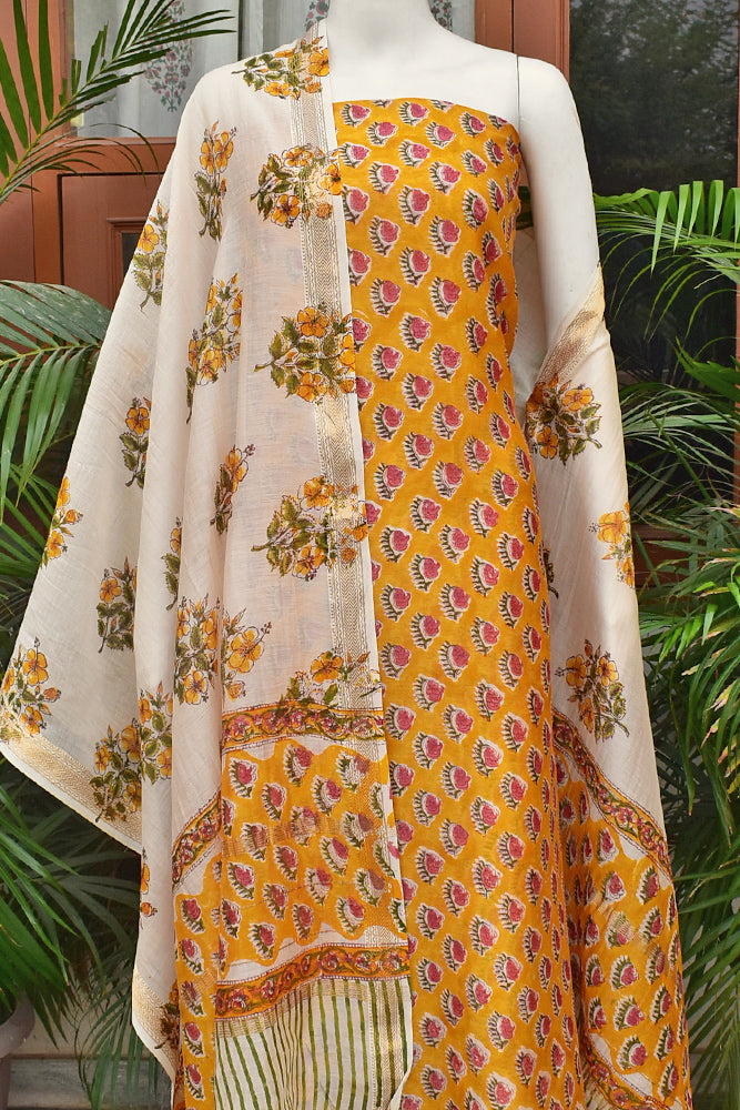 Elegant Sanganer Hand Block Printed Maheshwari Unstitched suit fabric