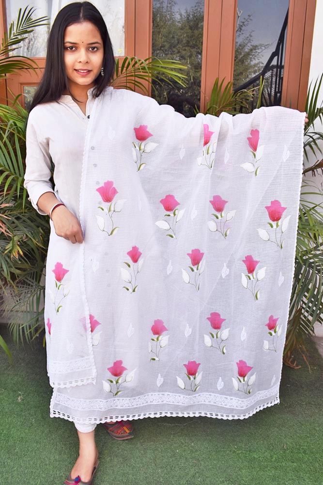 Kota Cotton Dupatta with Hand Paint, Hand Chikankari embroidery & crochet borders on all sides