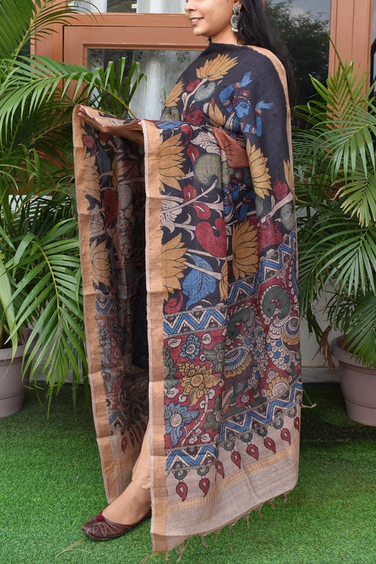 Earthy Hand Painted Kalamkari Desi Tussar Silk Dupatta