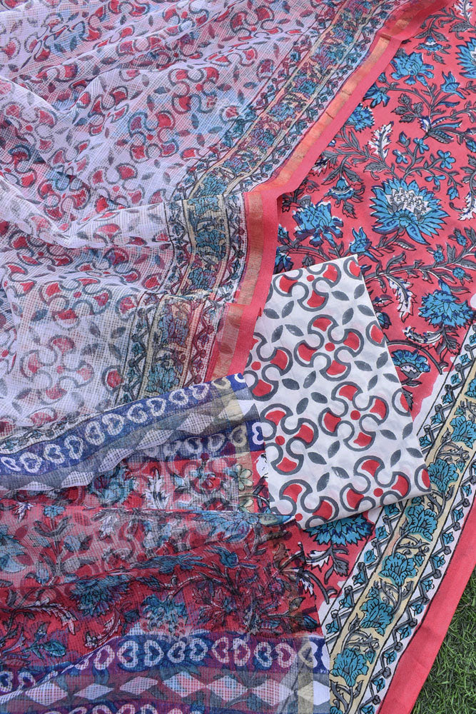 Beautiful Hand Block Printed Cotton unstitched suit fabric with Kota Doria Dupatta