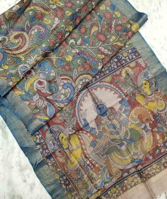 Pure Tussar Silk Hand Painted Kalamkari saree