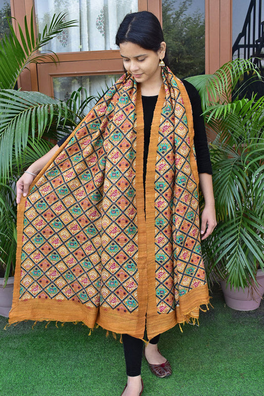 Geecha Silk Dupatta with Hand Block print with patola inspired print