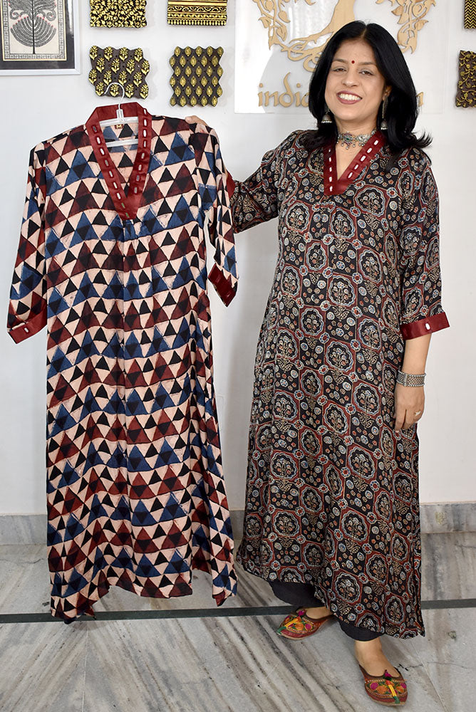Beautiful Ajrakh Modal Silk Kurta with Kutch Mirror Work size - 38 - 44