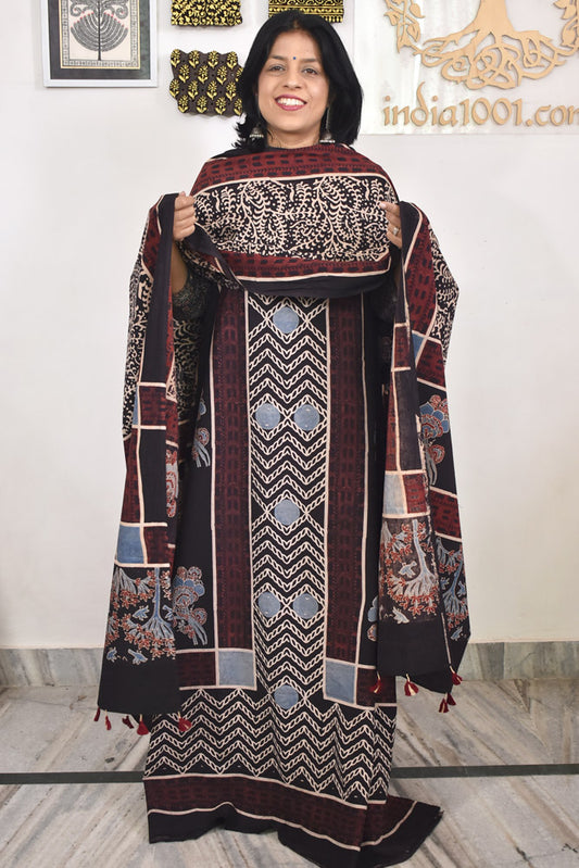 Block Print Ajrakh Cotton Suit with designer Ajrakh neck yoke /panel & Dupatta