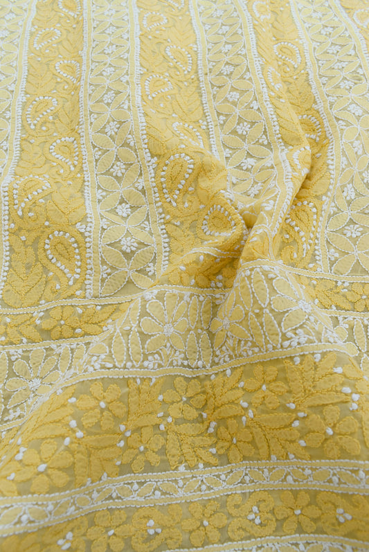 Premium Hand Embroidered Chikankari work Voile fabric - yellow
