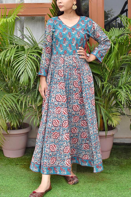 Beautiful Angrakha style Long Cotton Dress/ Kurti with side tie up strings Size -  38, 40, 42, 44