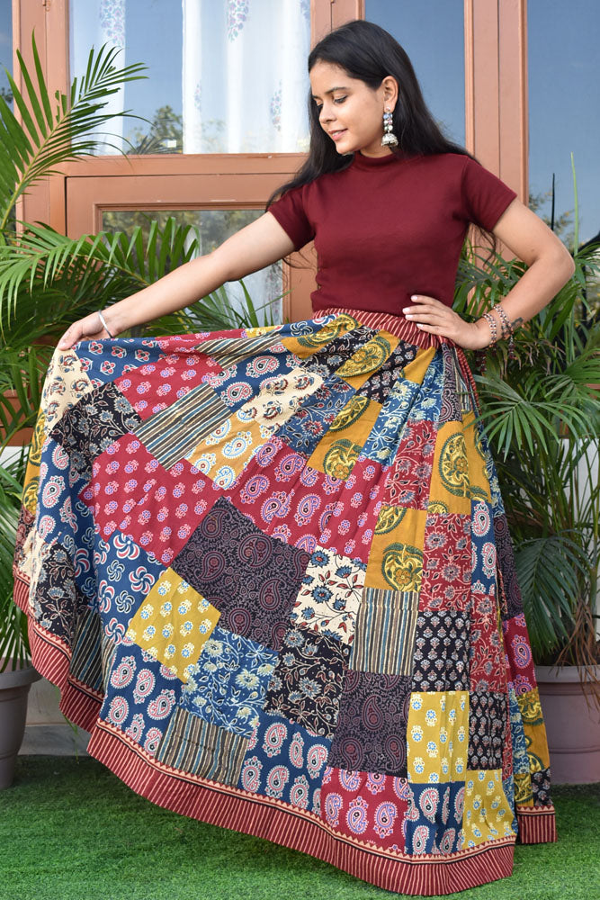 Beautiful Ajrakh Hand Block Printed Patch Work Cotton Long Skirt with Stitched borders