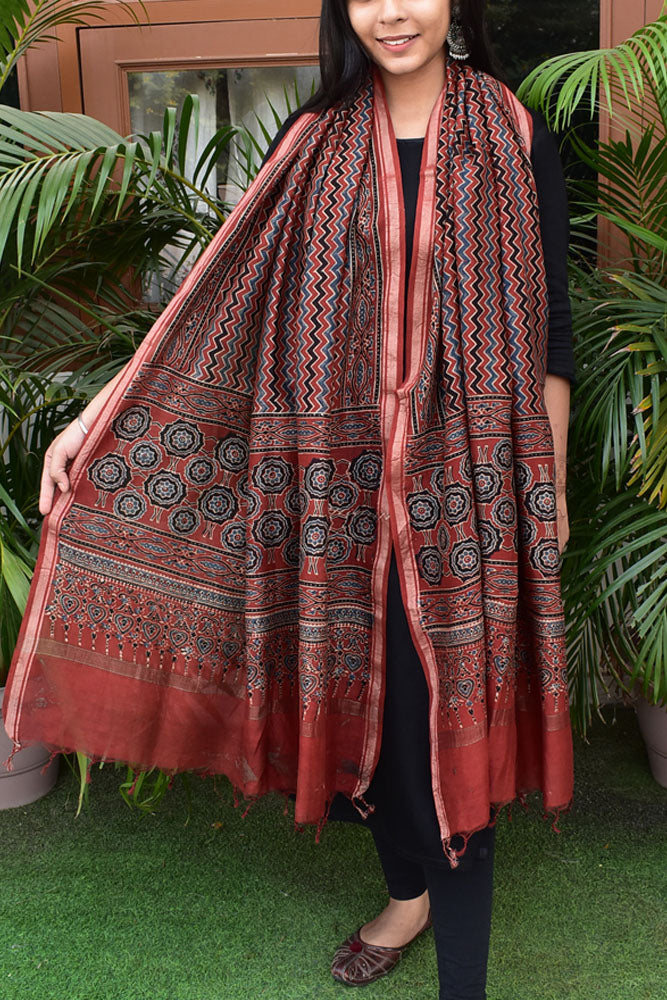 Elegant Ajrakh Hand Block Print Chanderi Dupatta
