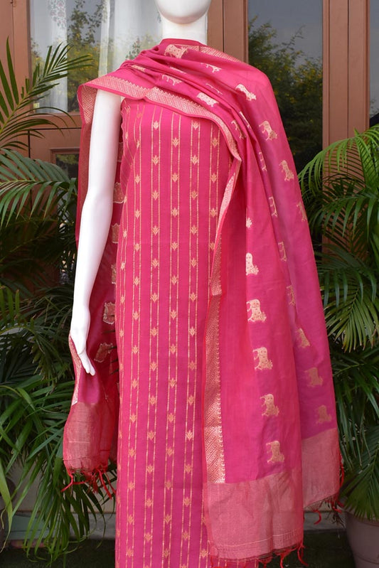 Beautiful  Banarasi Chanderi cotton silk unstitched suit fabric with Woven Pichwai inspired Cow Motif Dupatta