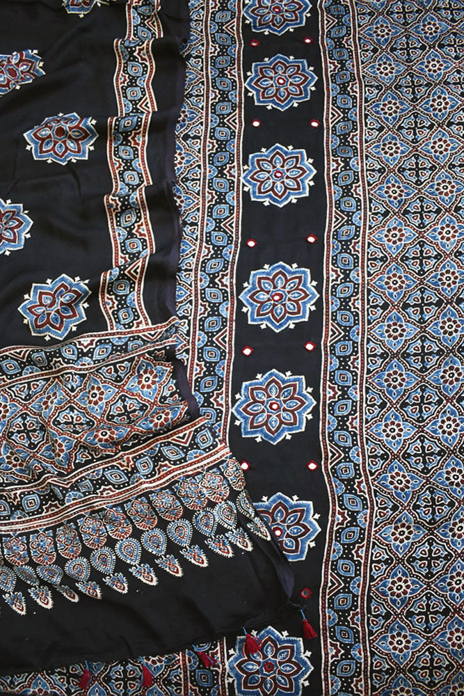 Designer Ajrakh Modal Silk kurta with  panel design & Mirror work & modal silk dupatta - 2 piece set