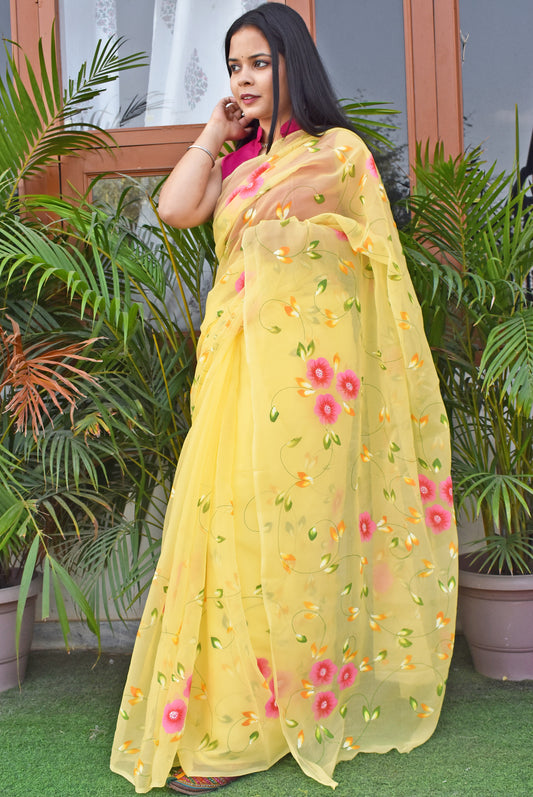 Prakriti : Beautiful Chiffon Saree with Hand Painted Floral Motifs