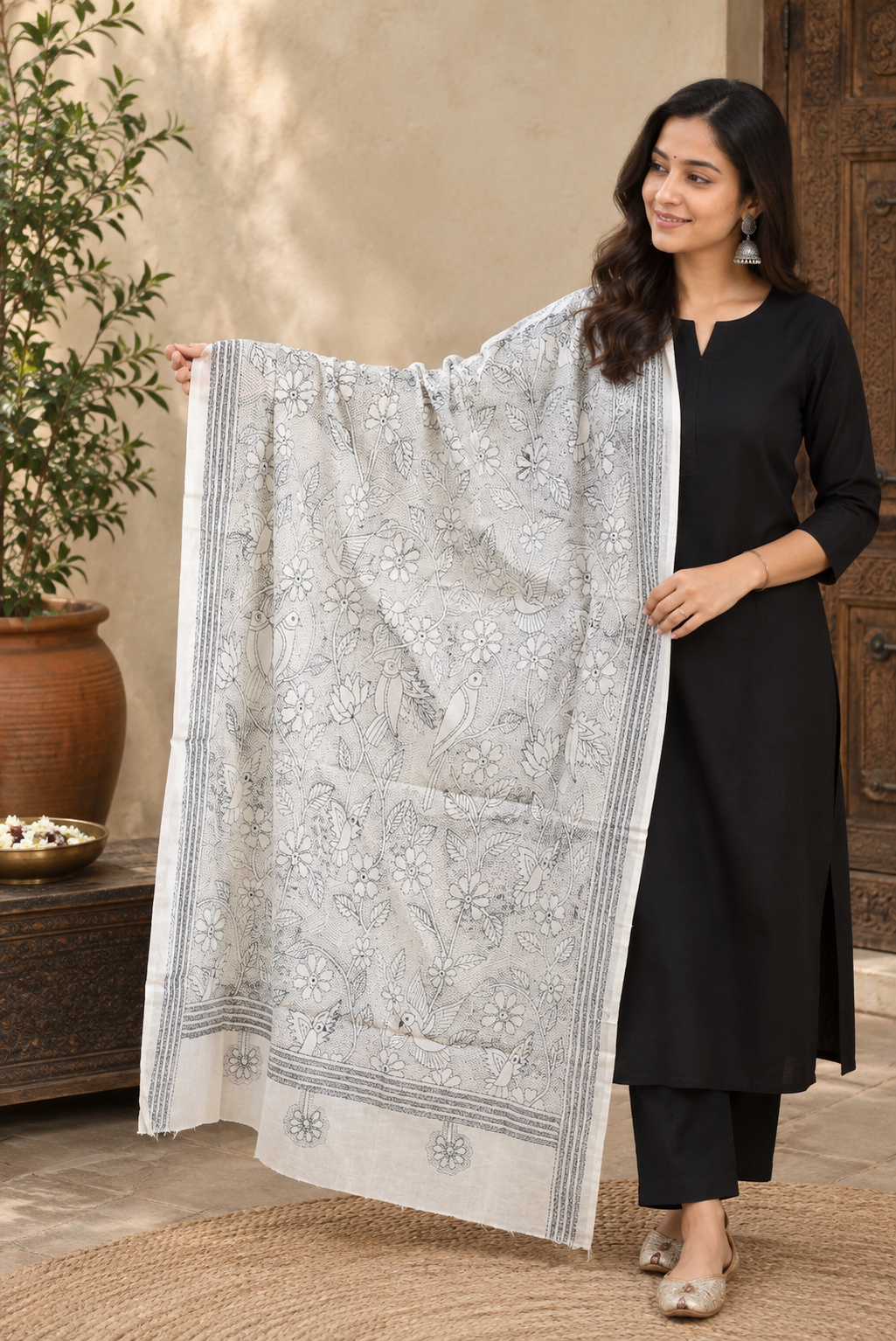 Hand embroidered Cotton Dupatta with Bengal Kantha work