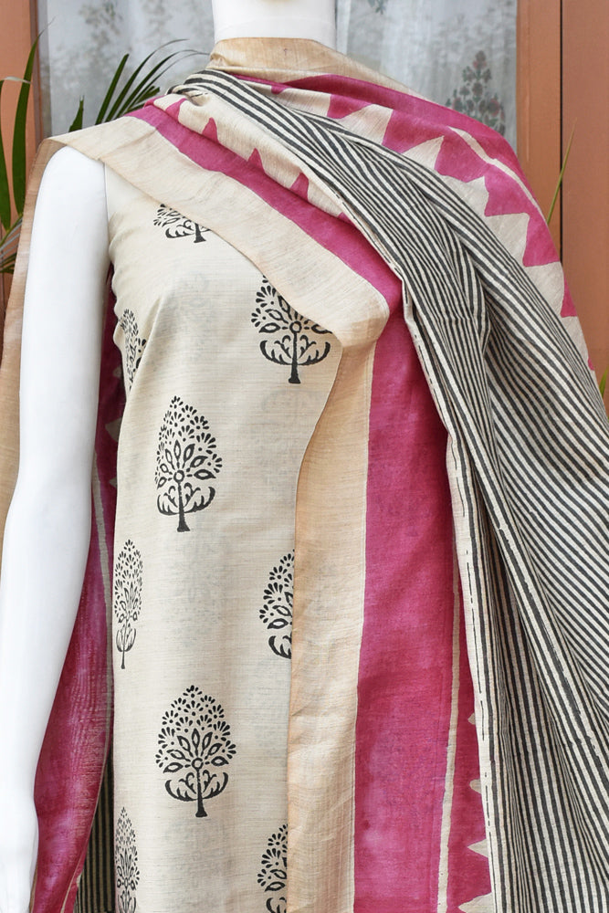 Elegant Hand Block printed Bhagalpuri Silk Kurta Dupatta Set