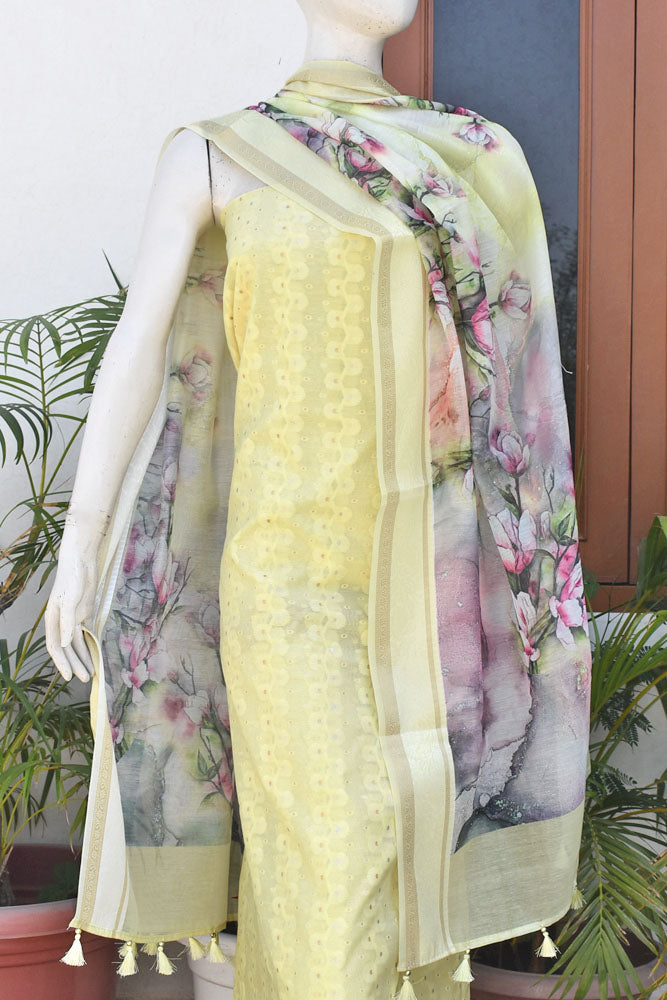Beautiful Banarasi suit with woven bootis and Digital print dupatta