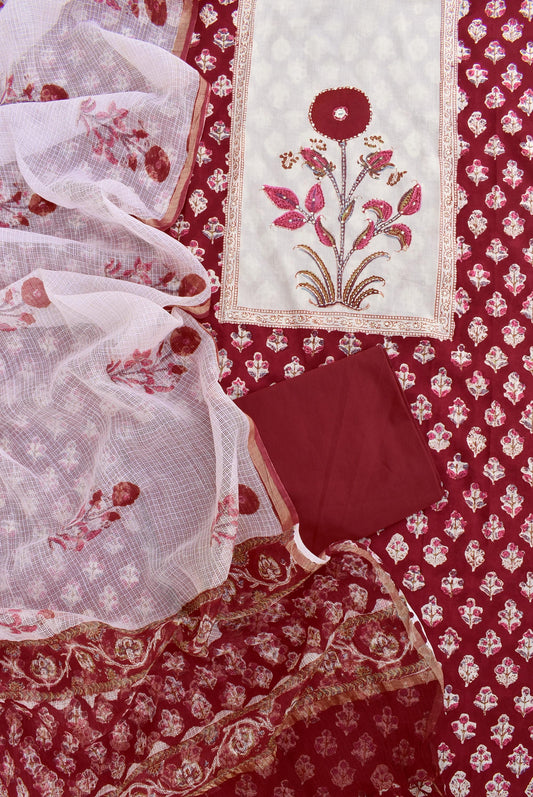 Beautiful Cotton Unstitched Suit Fabric with Embroidery, sequin & mirror work & Kota Doria cotton dupatta