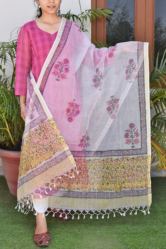 Beautiful Hand Block Printed Kota Doria Dupatta with zari checks and zari border