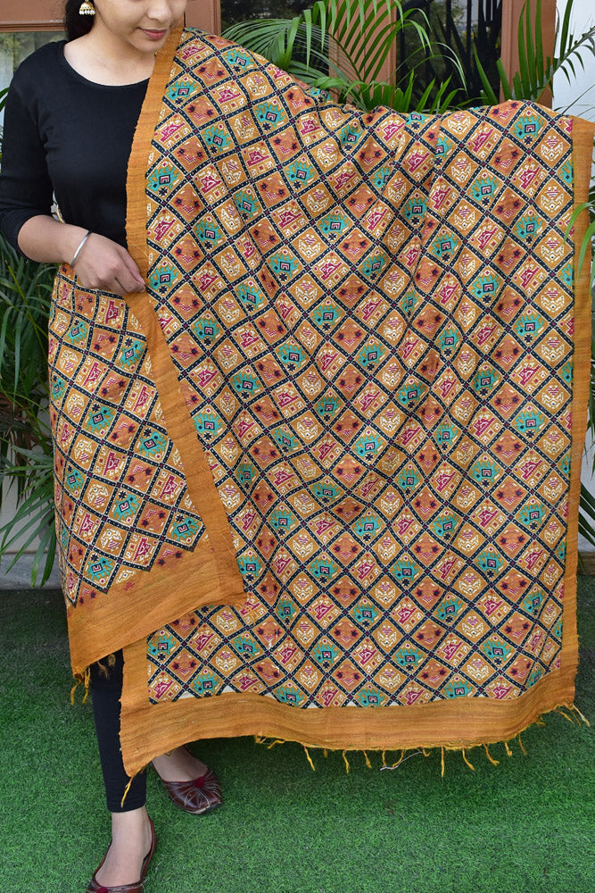 Geecha Silk Dupatta with Hand Block print with patola inspired print