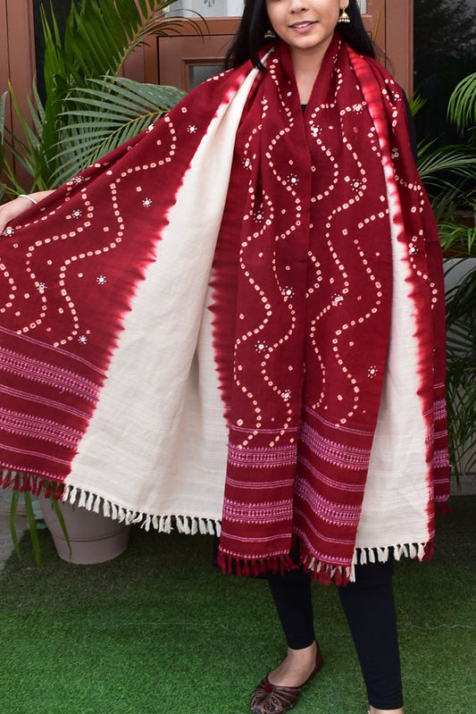 Kutch Handwoven Mirror Work Bandhani Pure Wool Shawl