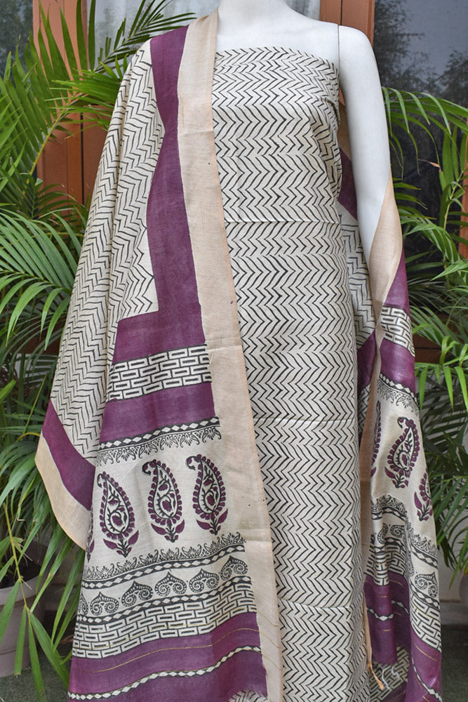 Elegant Hand Block printed Moonga Tussar Silk Kurta Dupatta Set