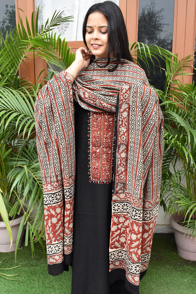 Premium Cotton Unstitched Suit with Bagru patch, Intricate Hand Embroidery & Bagru Cotton dupatta