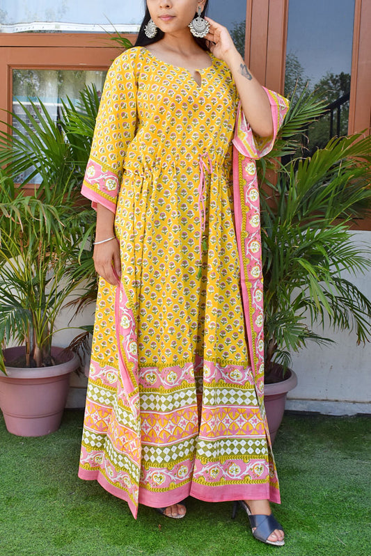 Beautiful Hand Block Printed Cotton Kaftan with Tassels